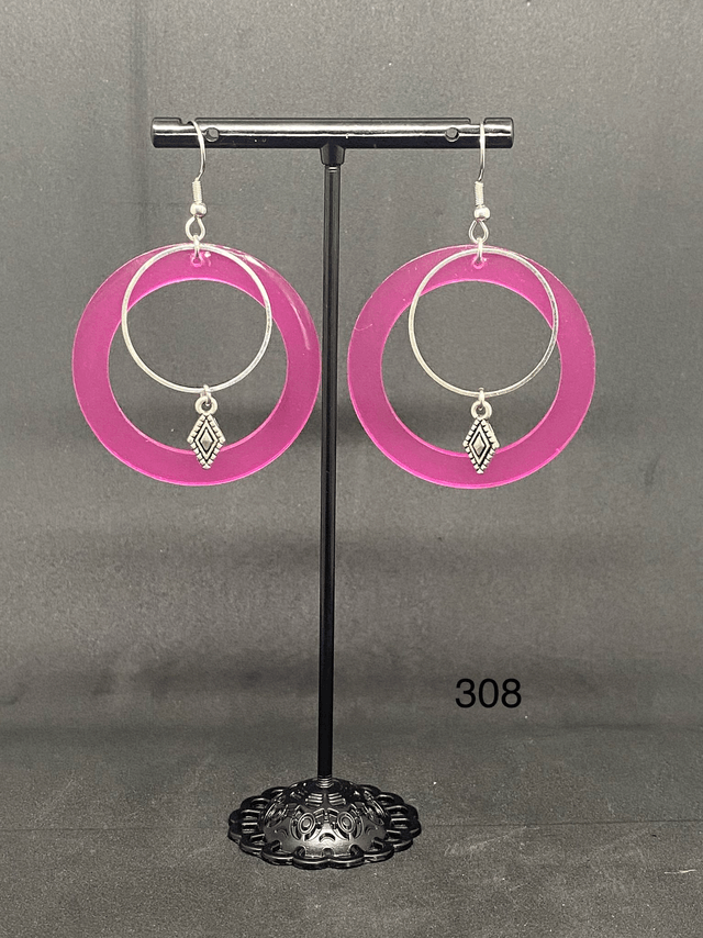 🩷Boucles d'Oreilles Cercles Fuchsia & Charms – Réf. 308 
