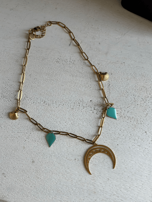 🌙 Collier "Lune Bohème & Gouttes Turquoises" – Fait main
