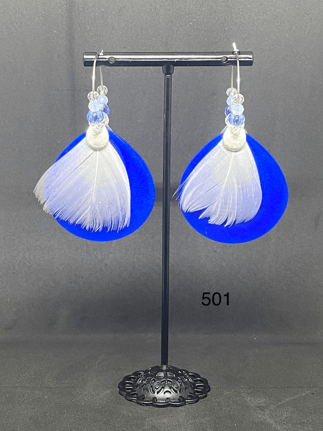 Créoles Résine Époxy Bleue & Plume Blanche Naturelle - Réf 501