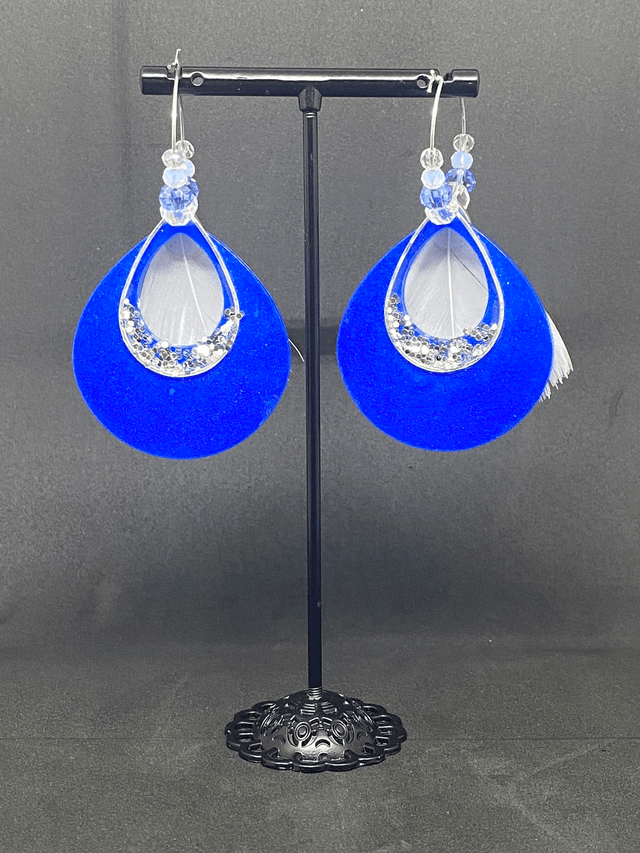 Créoles Résine Époxy Bleue & Plume Blanche Naturelle - Réf 501