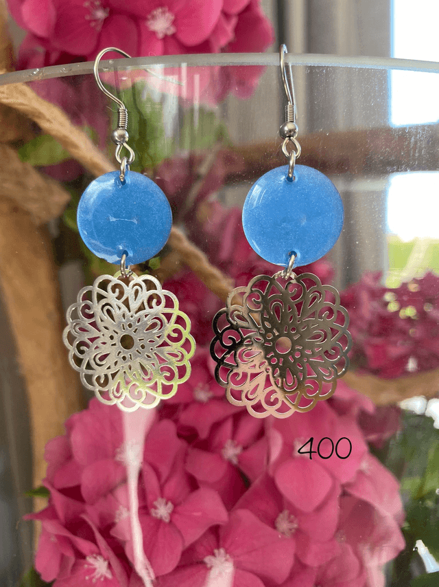 💙Boucles d’Oreilles Argentées &amp; Résine Bleue – Réf. 400